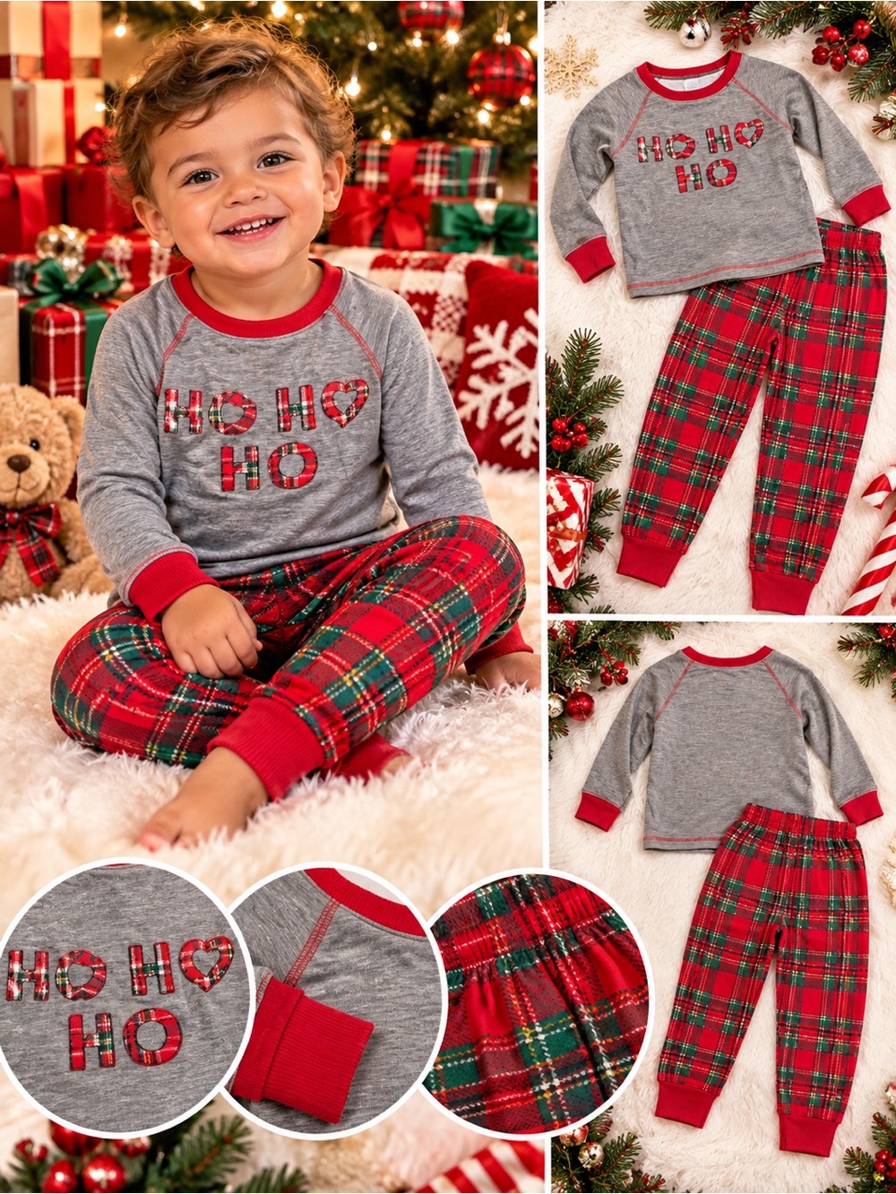 Holiday Plaid 'HO HO HO' Kids Pajama Set - Grey & Red